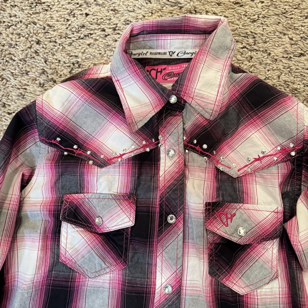 Cowgirl Hardware Girls M 7/8 Western Snap Shirt Pink Plaid Horse‎ Rhinestone - Picture 4 of 13